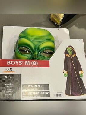 Alien Costume Child Kids Boys Medium 8 Robe Mask Gloves Halloween NWT